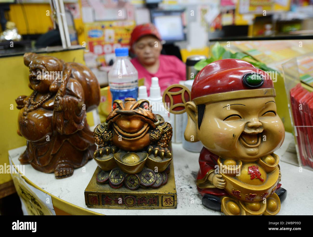 Lucky charm figures at a shop on Xinyi Rd in Taipei, Taiwan. Stock Photo