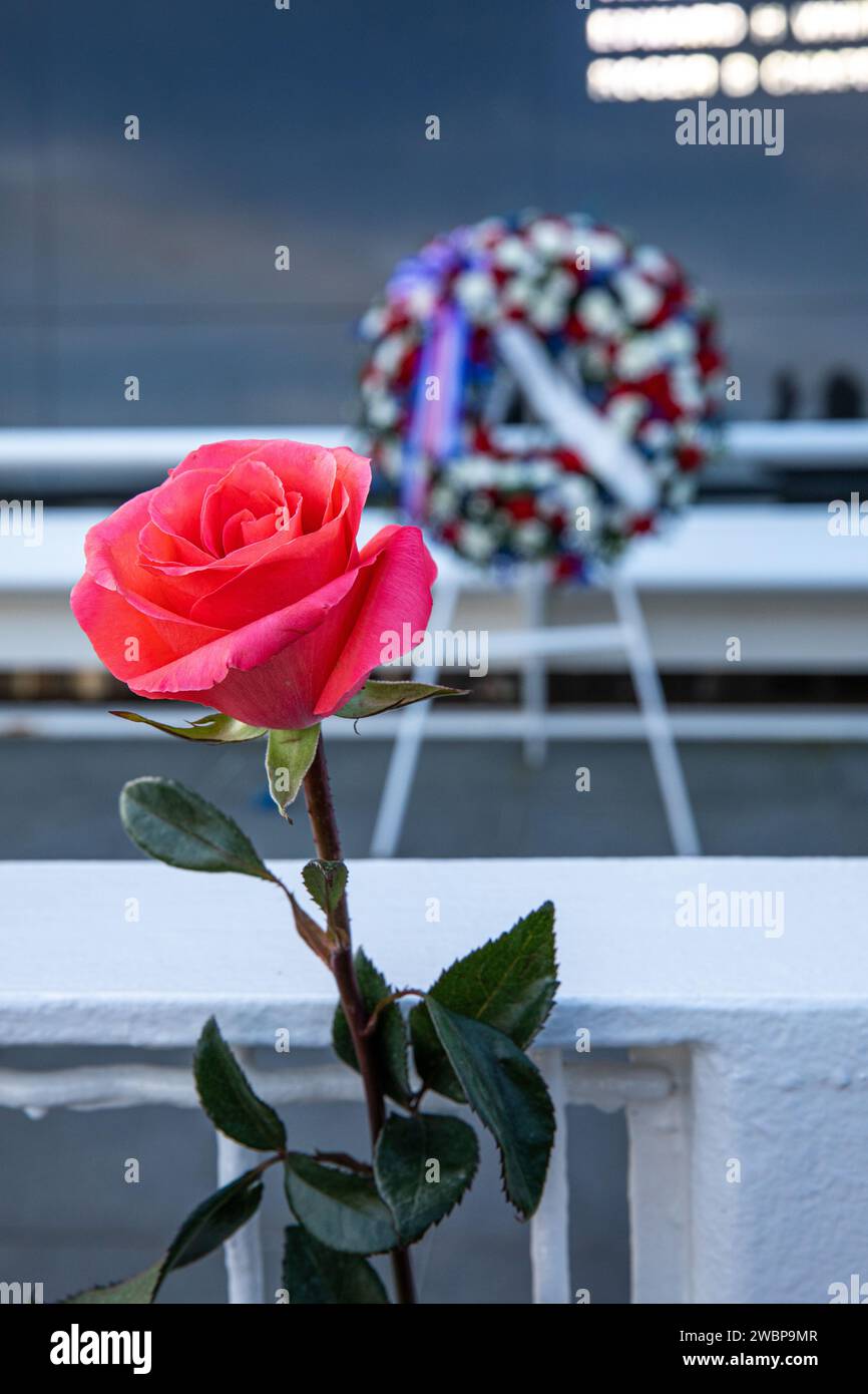 A flower and wreath are displayed during the NASA Day of Remembrance ceremony at the Space Mirror Memorial in the Kennedy Space Center Visitor Complex on Jan. 30, 2020. The crews of Apollo 1 and space shuttles Challenger and Columbia, as well as other fallen astronauts who lost their lives in the name of space exploration and discovery, were honored at the annual event. Stock Photo