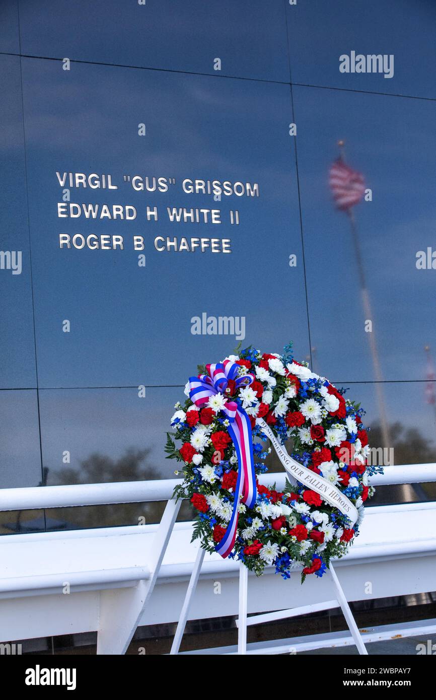 A wreath is displayed during the NASA Day of Remembrance ceremony at the Space Mirror Memorial in the Kennedy Space Center Visitor Complex on Jan. 30, 2020. The crews of Apollo 1 and space shuttles Challenger and Columbia, as well as other fallen astronauts who lost their lives in the name of space exploration and discovery, were honored at the annual event. Stock Photo