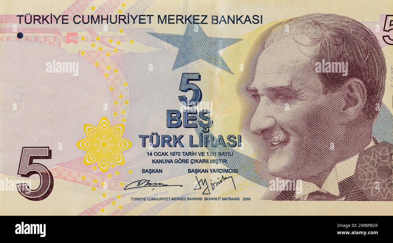 Turkish money five lira banknotes national currency banknote front view Stock Photo