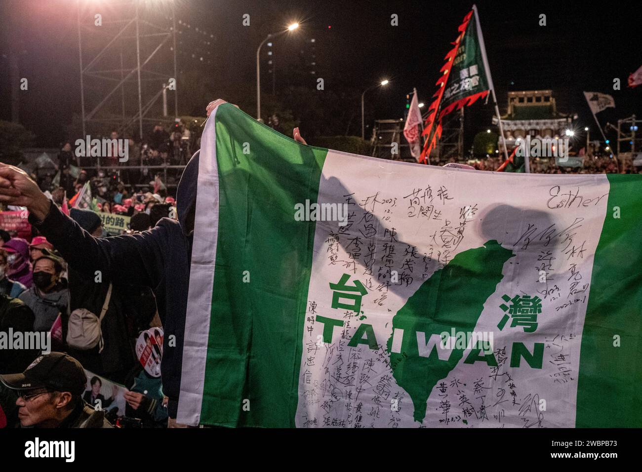 Taipei, Taiwan. 11th Jan, 2024. Supporters holding a Taiwan flag with ...