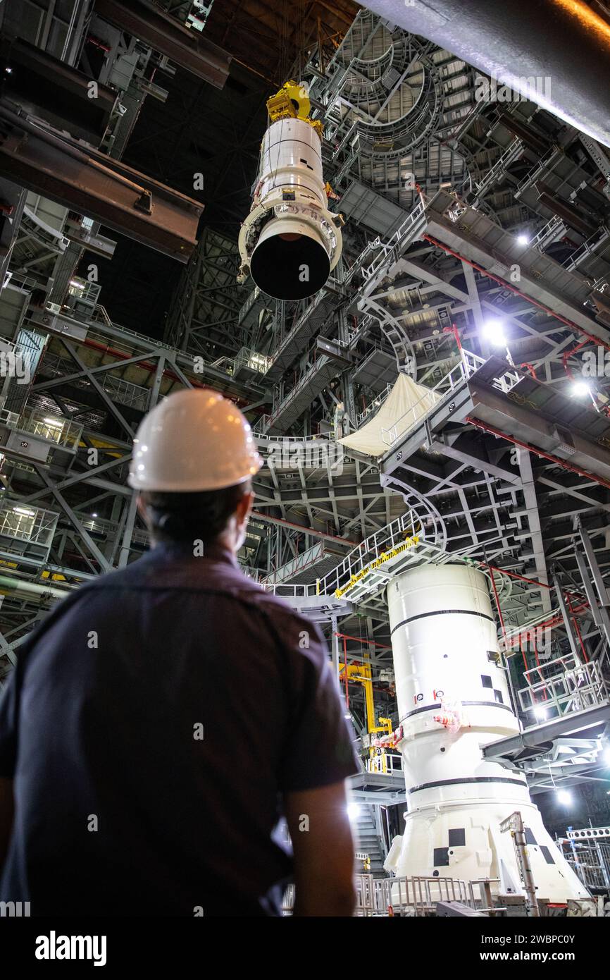 A low-angle view inside the Vehicle Assembly Building shows the second ...