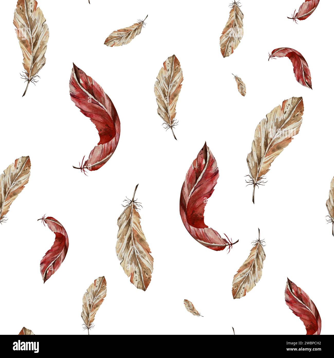 watercolor seamless pattern of bright feathers. brown and red feathers ...