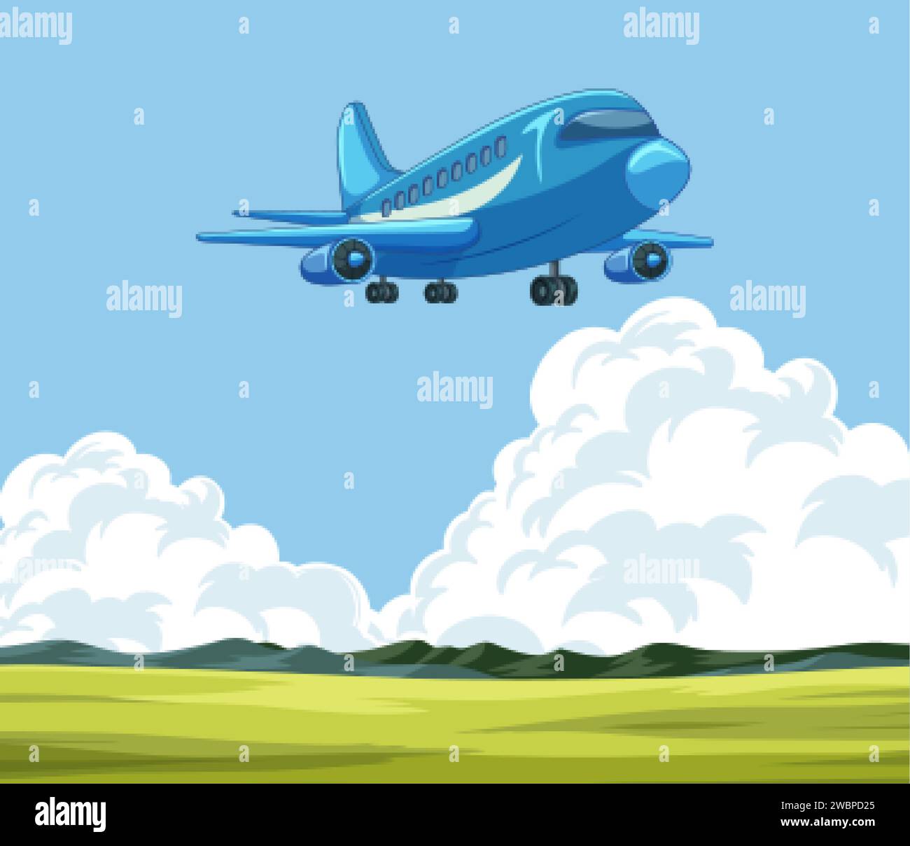 Cartoon airplane in flight with cloudy sky backdrop Stock Vector Image ...
