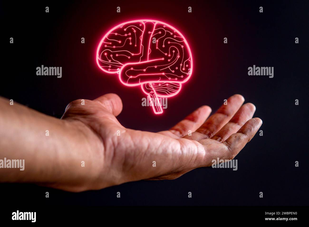 Hand and glowing brain shaped circuit board on black background. Artificial intelligence concept. Stock Photo