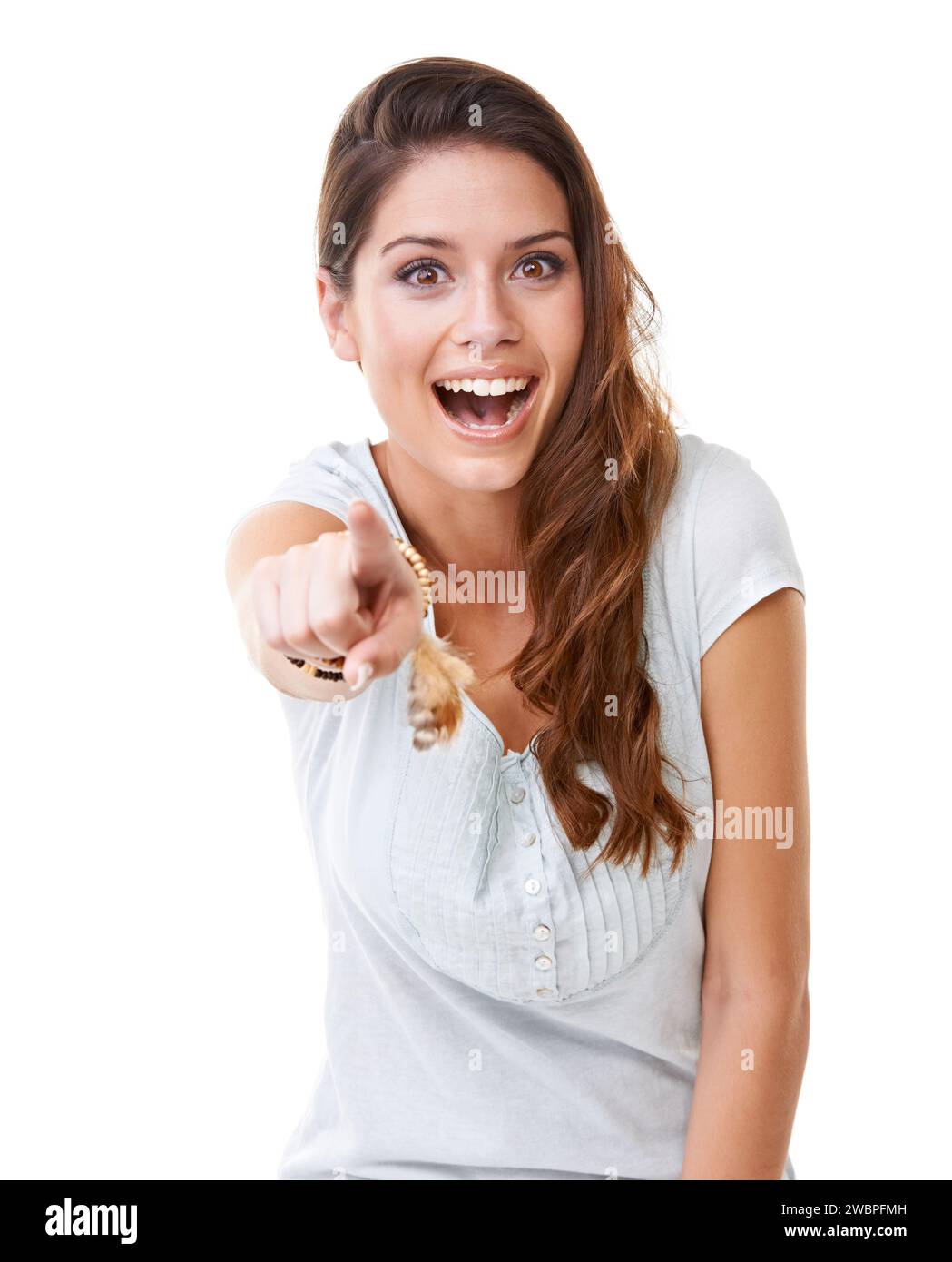 Laugh, bullying and woman pointing in studio isolated on white background for humor, shame and mock. Body language, mean and portrait of girl point Stock Photo