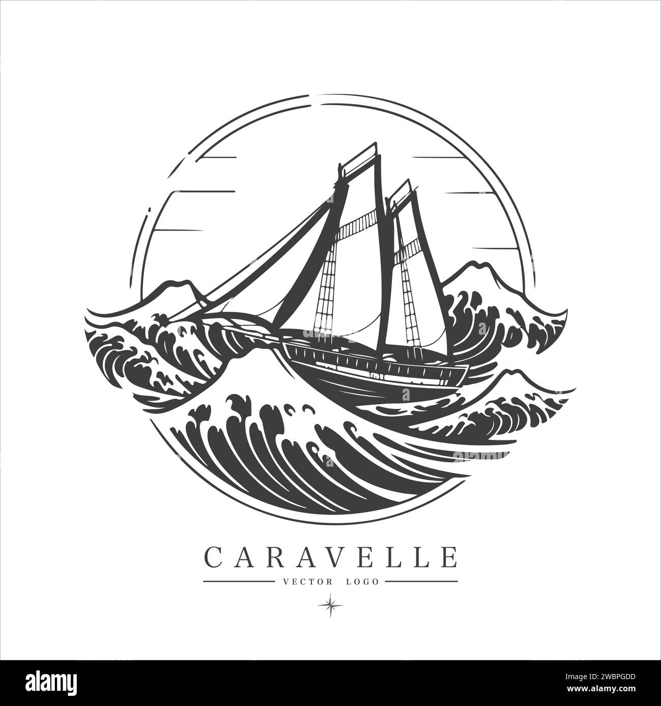 Sailing Boat, Caravelle, Frigate On The Water, Vector Logo Emblem In 