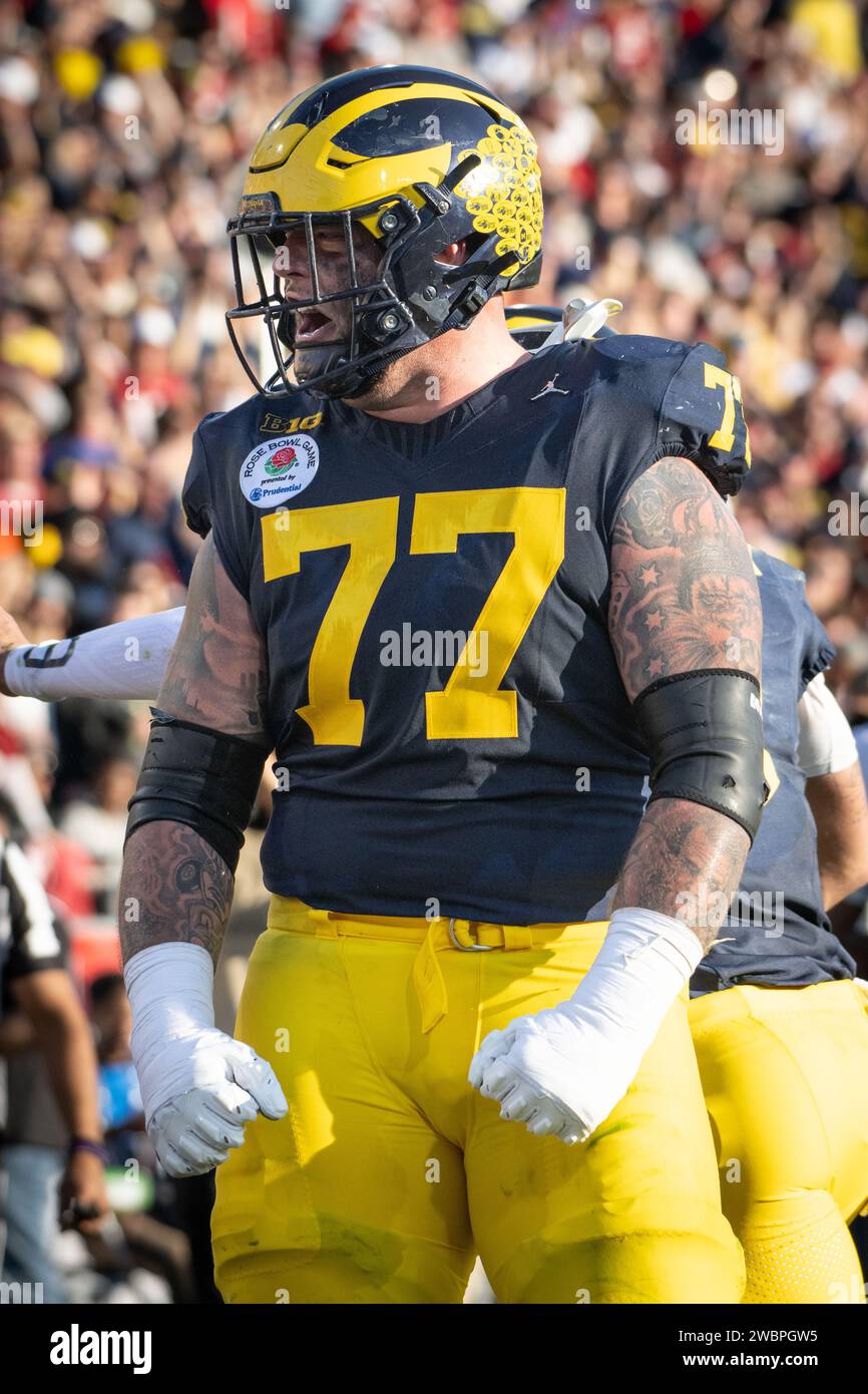 Michigan Wolverines offensive lineman Trevor Keegan (77) celebrates in the end zone in the 2024 Rose Bowl college Football playoff semifinal game between the Michigan Wolverines and the Alabama Crimson Tide. Michigan defeated Alabama 27-20 in overtime on Jan 1, 2024; Pasadena, CA, USA;  (Ed Ruvalcaba/Image of Sport) Stock Photo