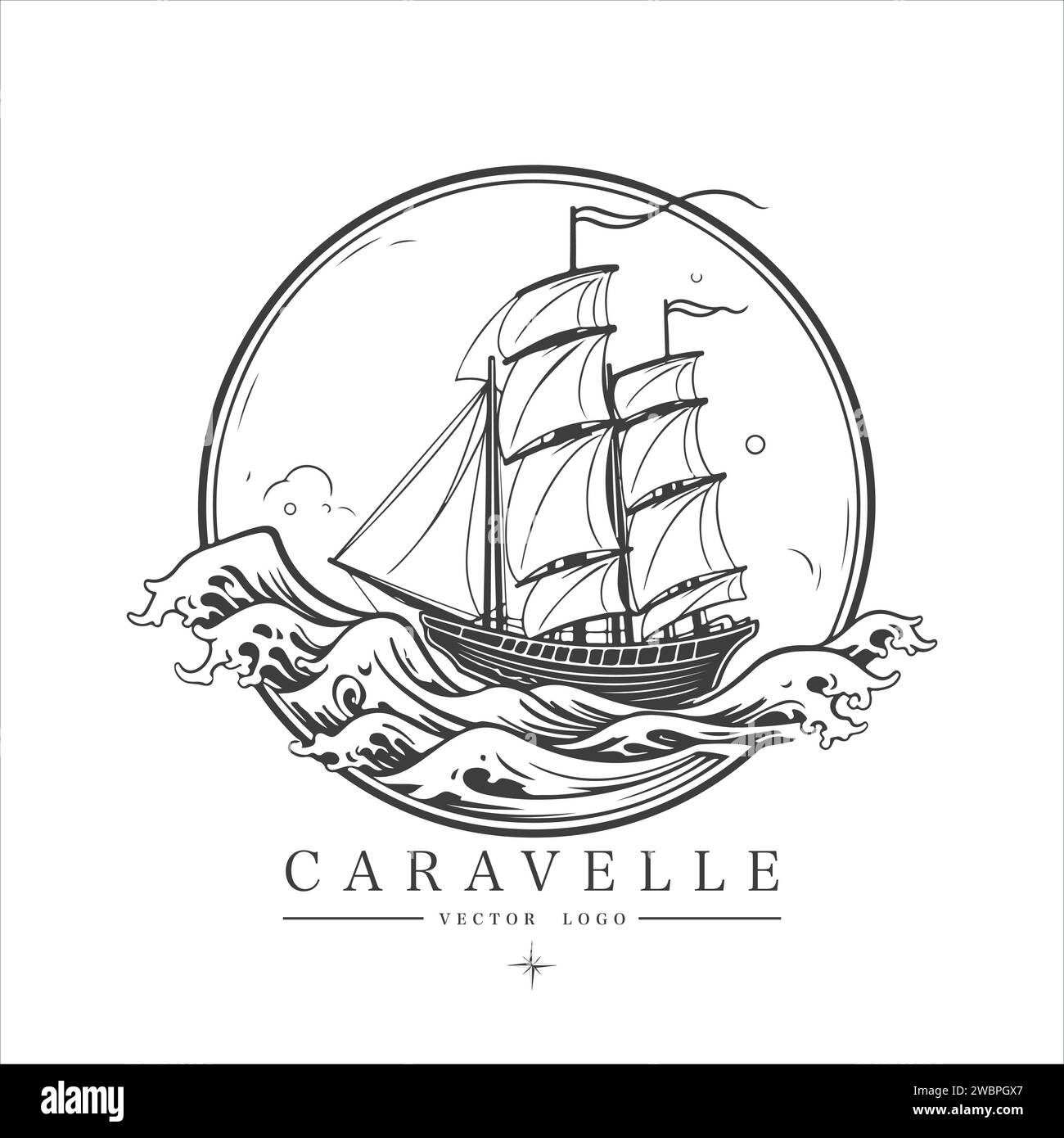Sailing boat, caravelle, frigate on the water, vector logo emblem in asian style Stock Vector