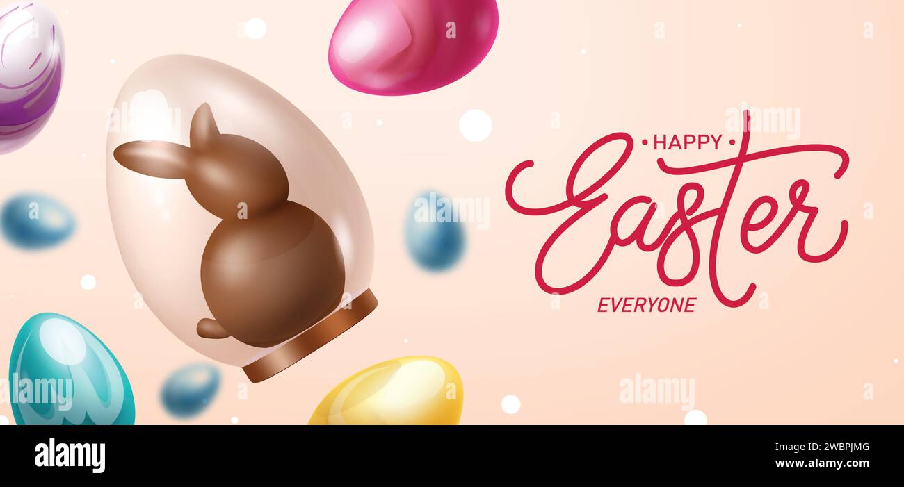 Happy easter text vector banner. Happy easter greeting card with colorful eggs chocolate rabbit in glass elements decoration. Vector illustration Stock Vector