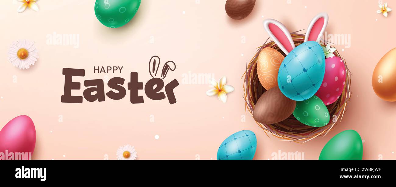 Easter greeting text vector banner. Happy easter greeting text with colorful pattern eggs and bunny ears in nest decoration elements. Vector Stock Vector