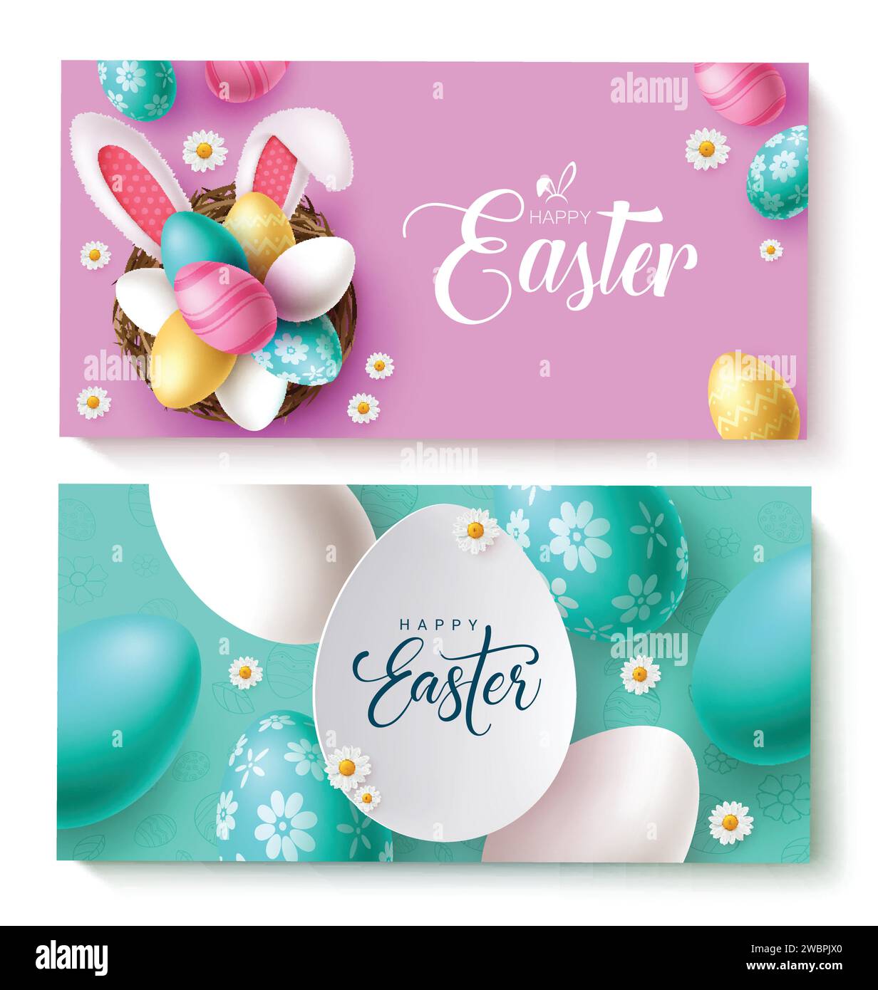Happy easter text vector banner set. Happy easter greeting card with cute bunny ears and color pastel eggs for kids fun hunt celebration collection Stock Vector