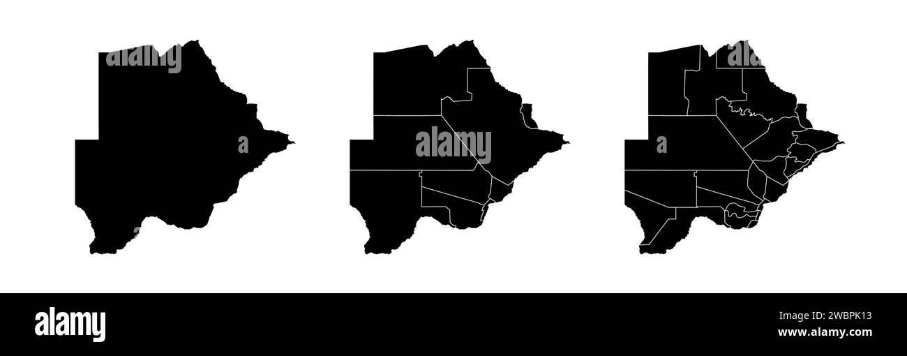 Set of state maps of Botswana with regions and municipalities division