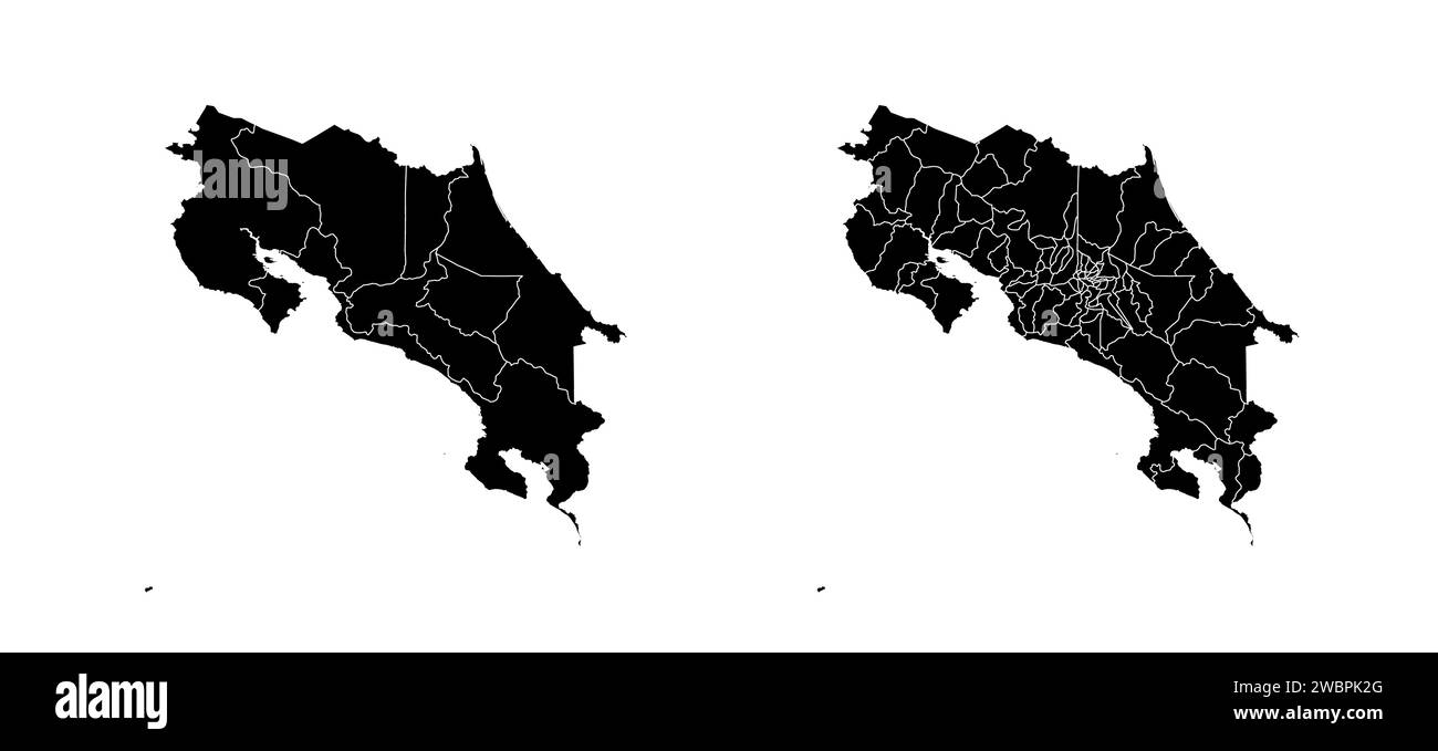 Set of state maps of Costa Rica with regions and municipalities division. Department borders, isolated vector maps on white background. Stock Vector