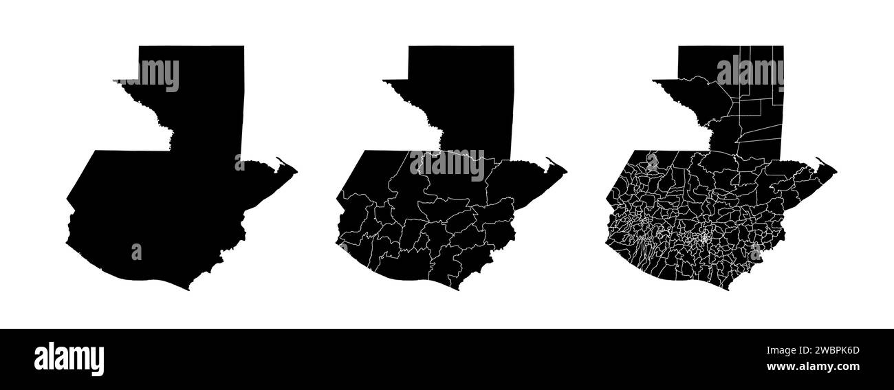 Set of state maps of Guatemala with regions and municipalities division. Department borders, isolated vector maps on white background. Stock Vector