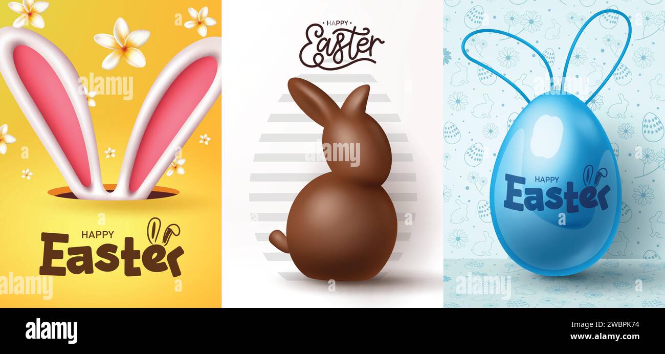 Happy easter greeting card poster vector set. Happy easter greeting card with bunny ears, chocolate rabbit and blue egg shell decoration elements. Stock Vector