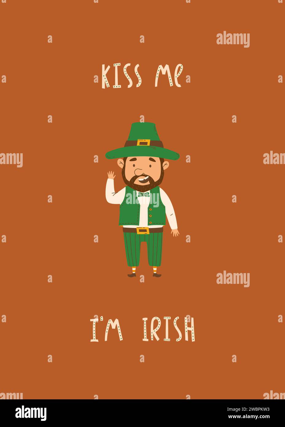 Happy St Patricks Day greeting card with cute leprechaun. Flat design