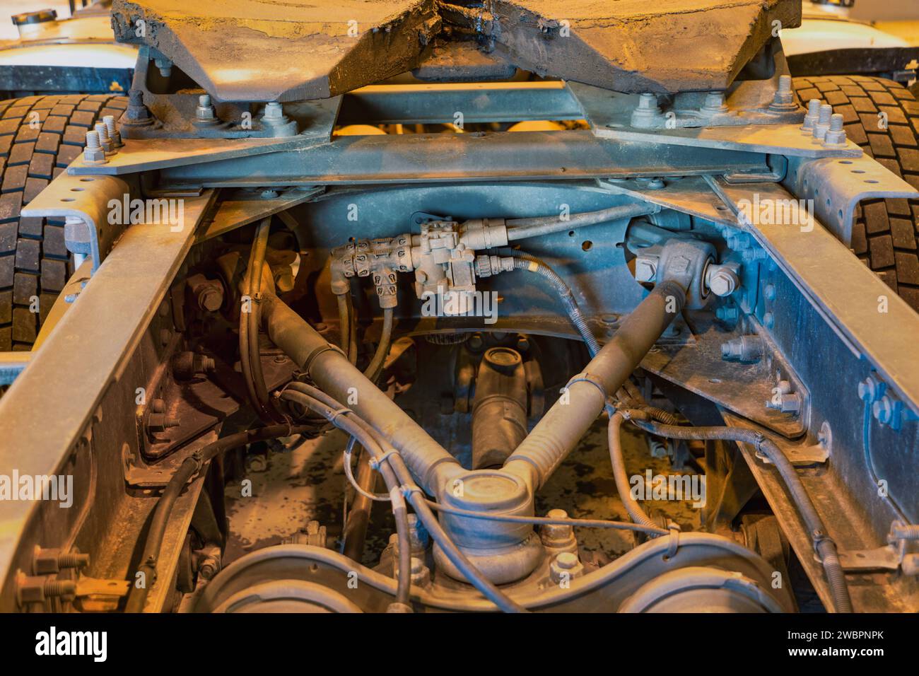 under the chassis trailer truck, valves, transmission and cables Stock