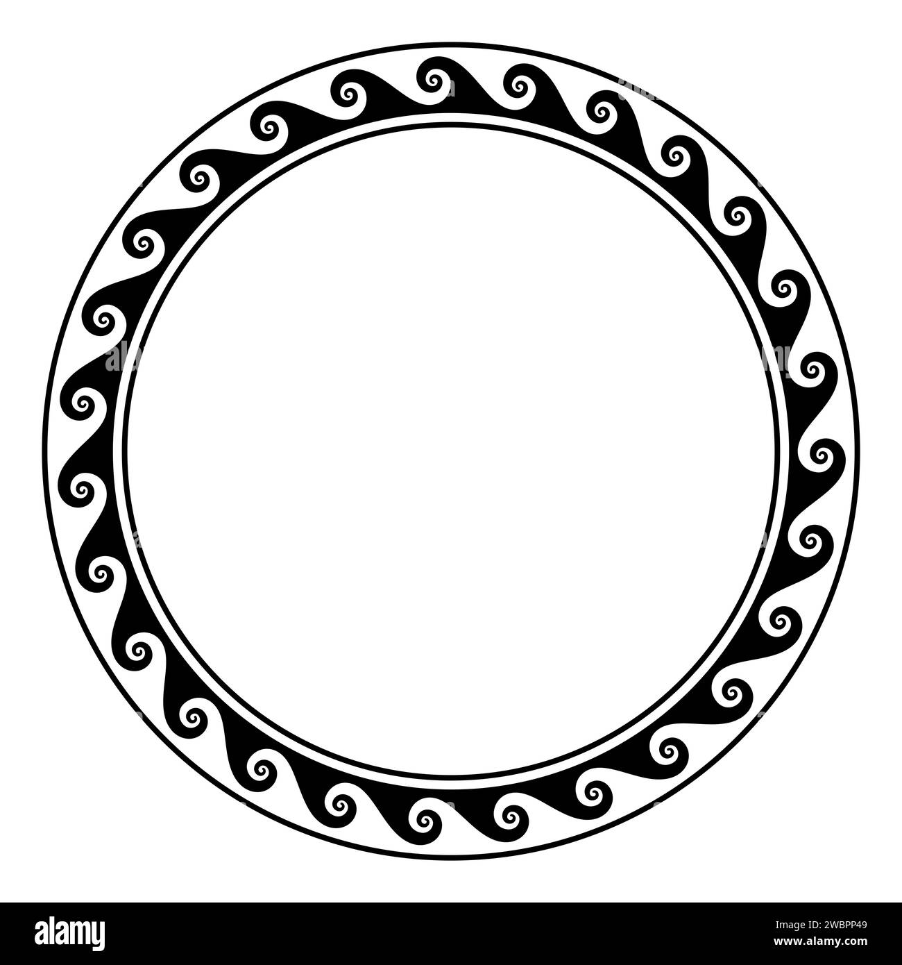 Sea wave pattern, circle frame with seamless meander design. Also known as running dog, scroll or Vitruvian wave pattern. Stock Photo