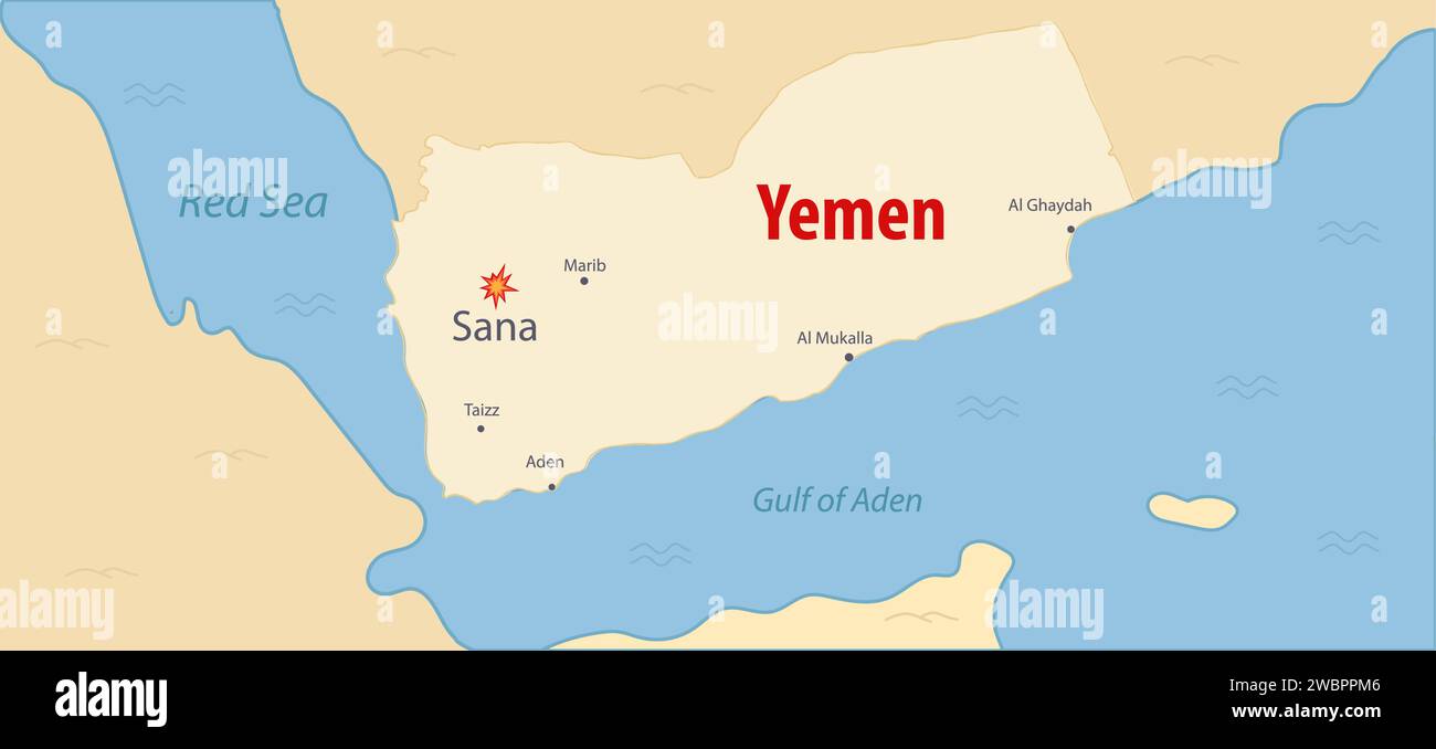 Yemen map with main cities Sana under the attack and Red sea. strikes Houthis in Yemen illustration. Colored map of Yemen area with other land. Stock Vector