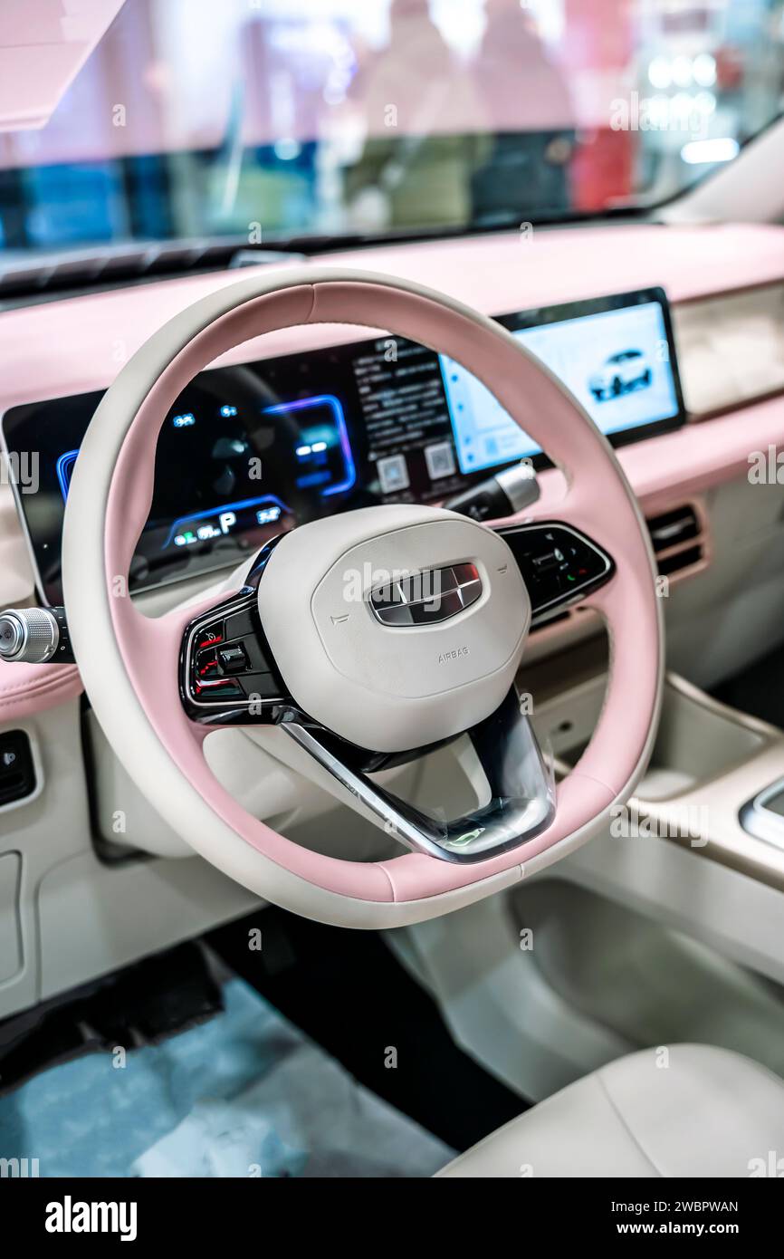Shanghai, China - December 25, 2023: Geely motors electro car. Vehicle interior Geely geometry e. High quality photo Stock Photo