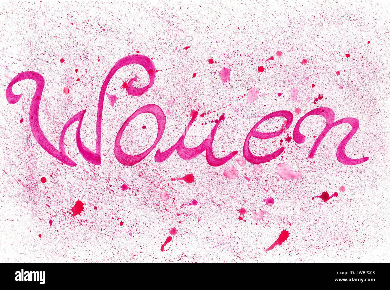 The word Woman in pink on a textured background. Calligraphy, handwritten font. The background is white with pink dots and splashes. Watercolor. The l Stock Photo