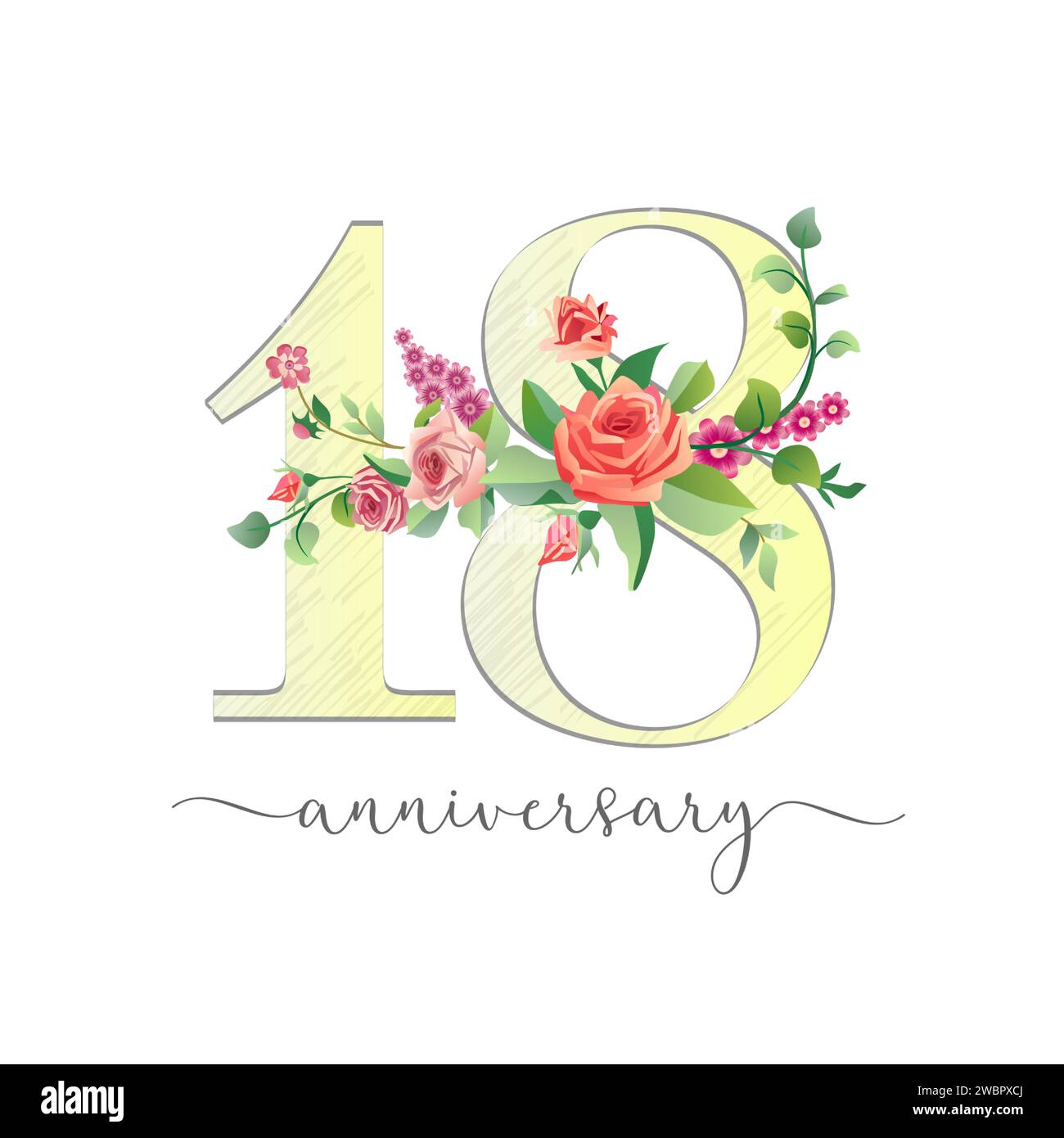 Number 18 sketch style design with floral elements. Happy 18th anniversary creative icon with vintage roses. Graphic template. Cute logo. 18 years old Stock Vector