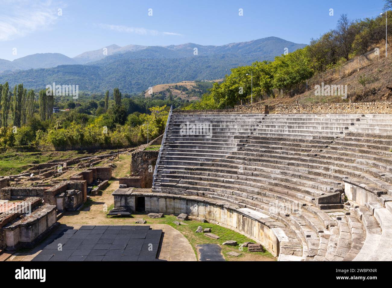 The amphitheatre at Heraclea Lyncestis, an ancient Greek city in Macedon near the modern-day city of Bitola in North Macedonia. Taken on a sunny day. Stock Photo