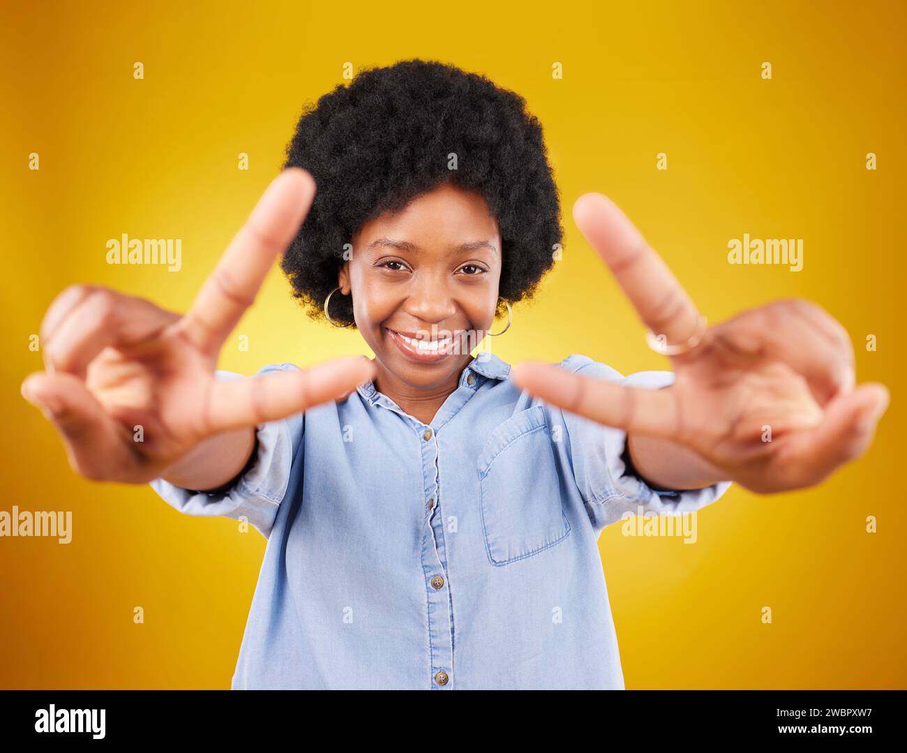 Happy, peace sign and portrait of a black woman in studio with a ...