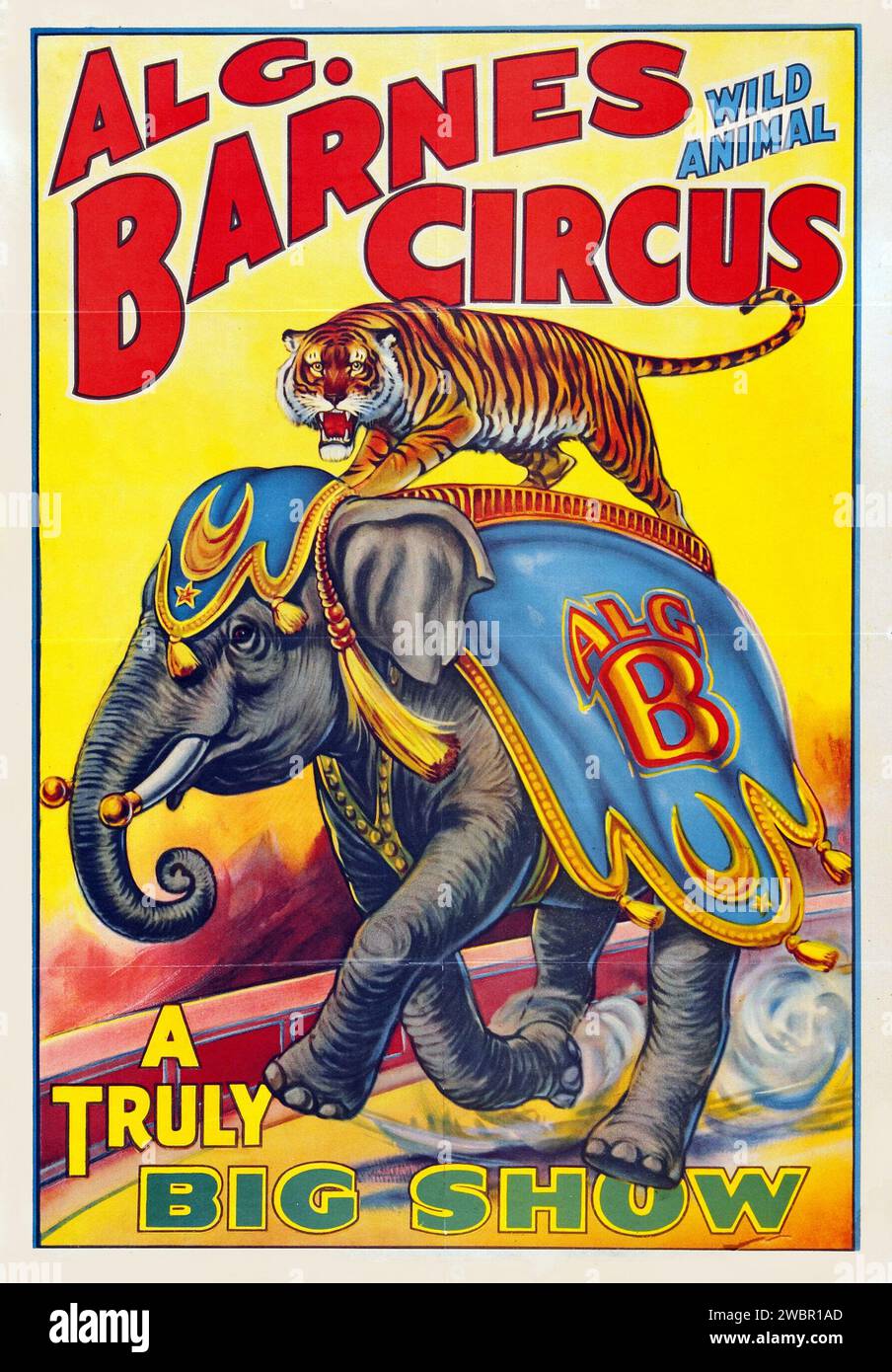 Al. G. Barnes Circus (1920s). Circus Poster feat a tiger and a circus elephant Stock Photo