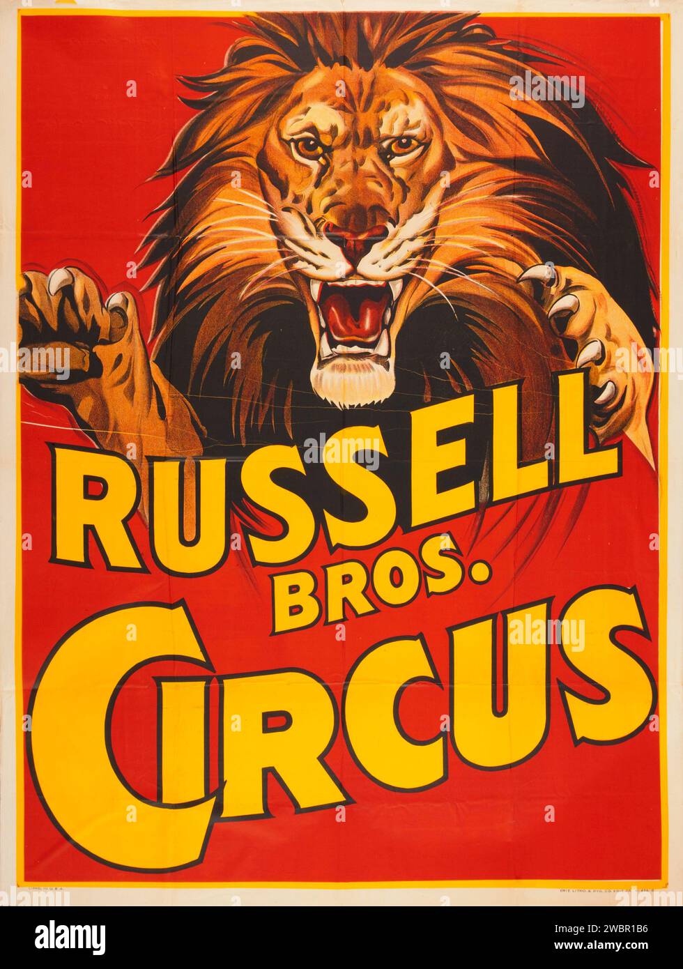 Vintage Circus Poster (Russell Brothers, 1938) feat a roaring lion Stock Photo