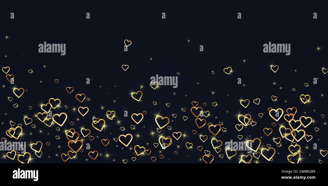 Valentine hearts, flying, falling down, floating. Gold hearts scattered ...