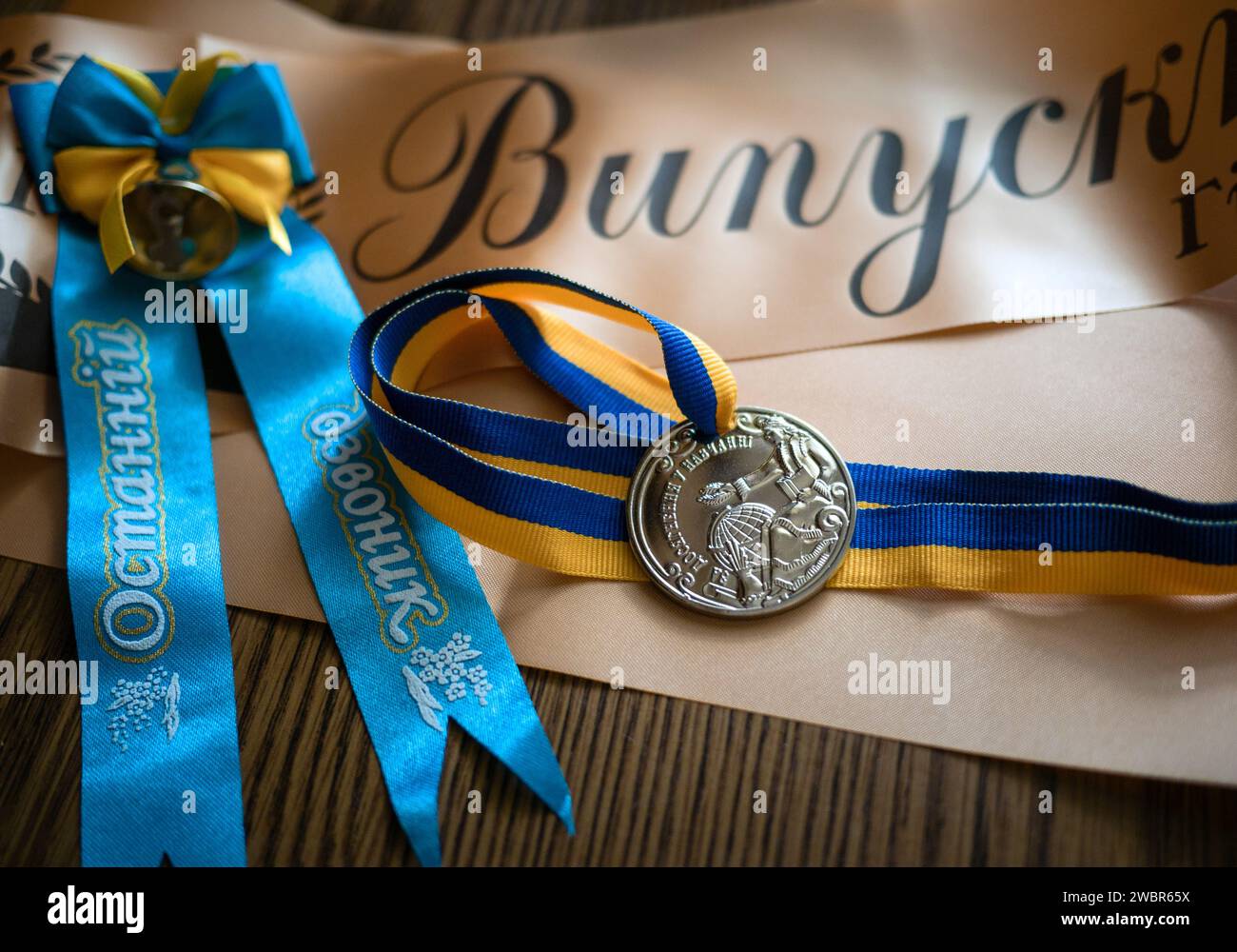 Silver medal of a graduate of a secondary Ukrainian school on a festive ...