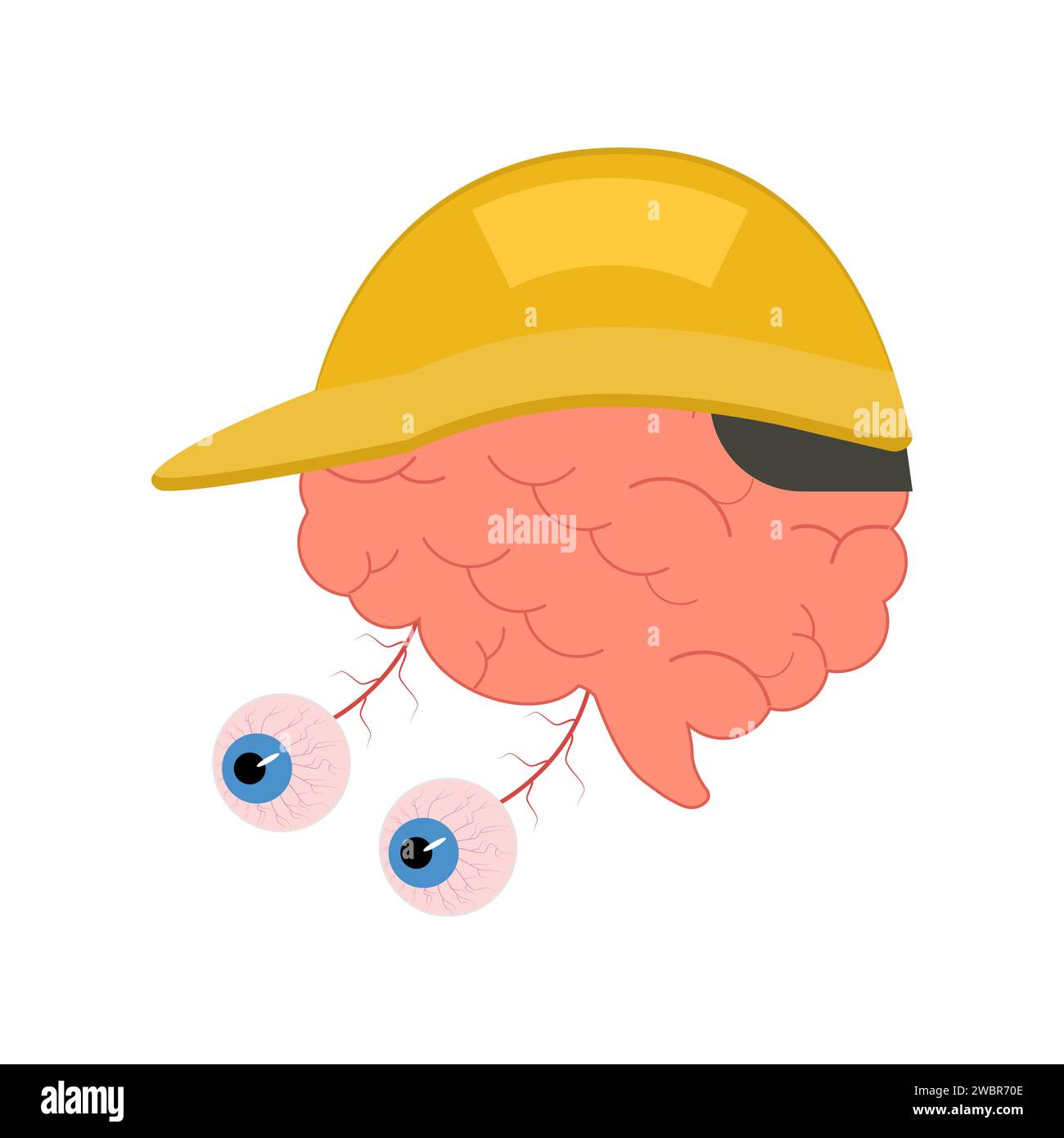 Human brain with eyes in a yellow protective helmet. Psychology