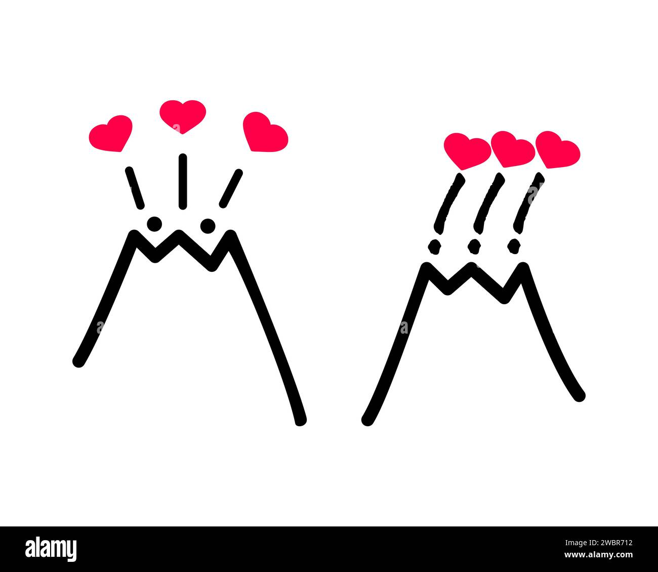 Many hearts jump out of the crater of the volcano in different