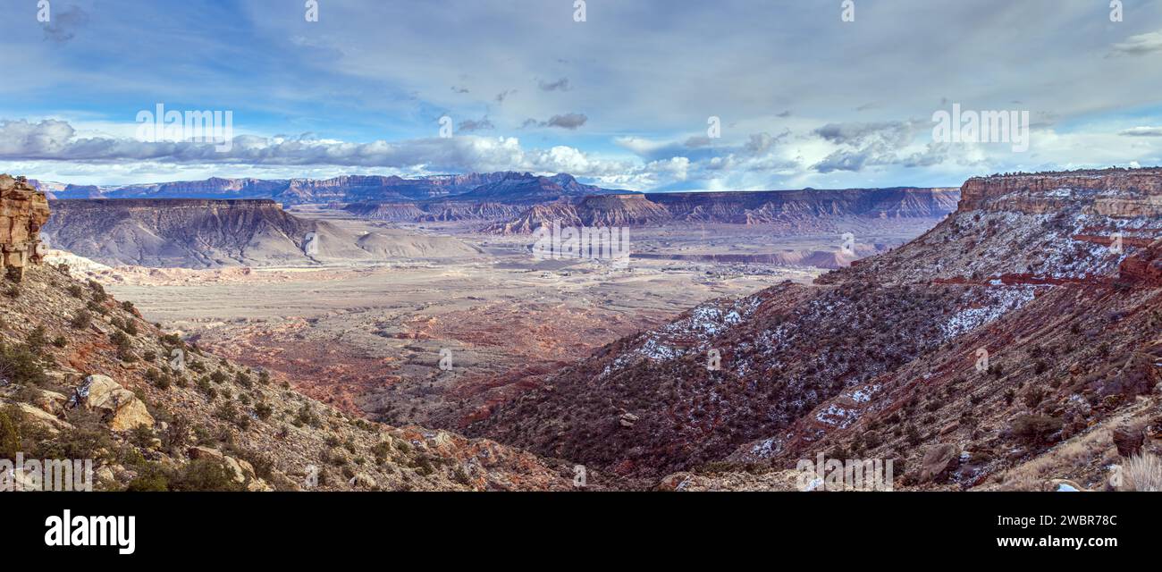 Image showcasing High-contrast panoramic image of the canyon landscape of the Arizona ...