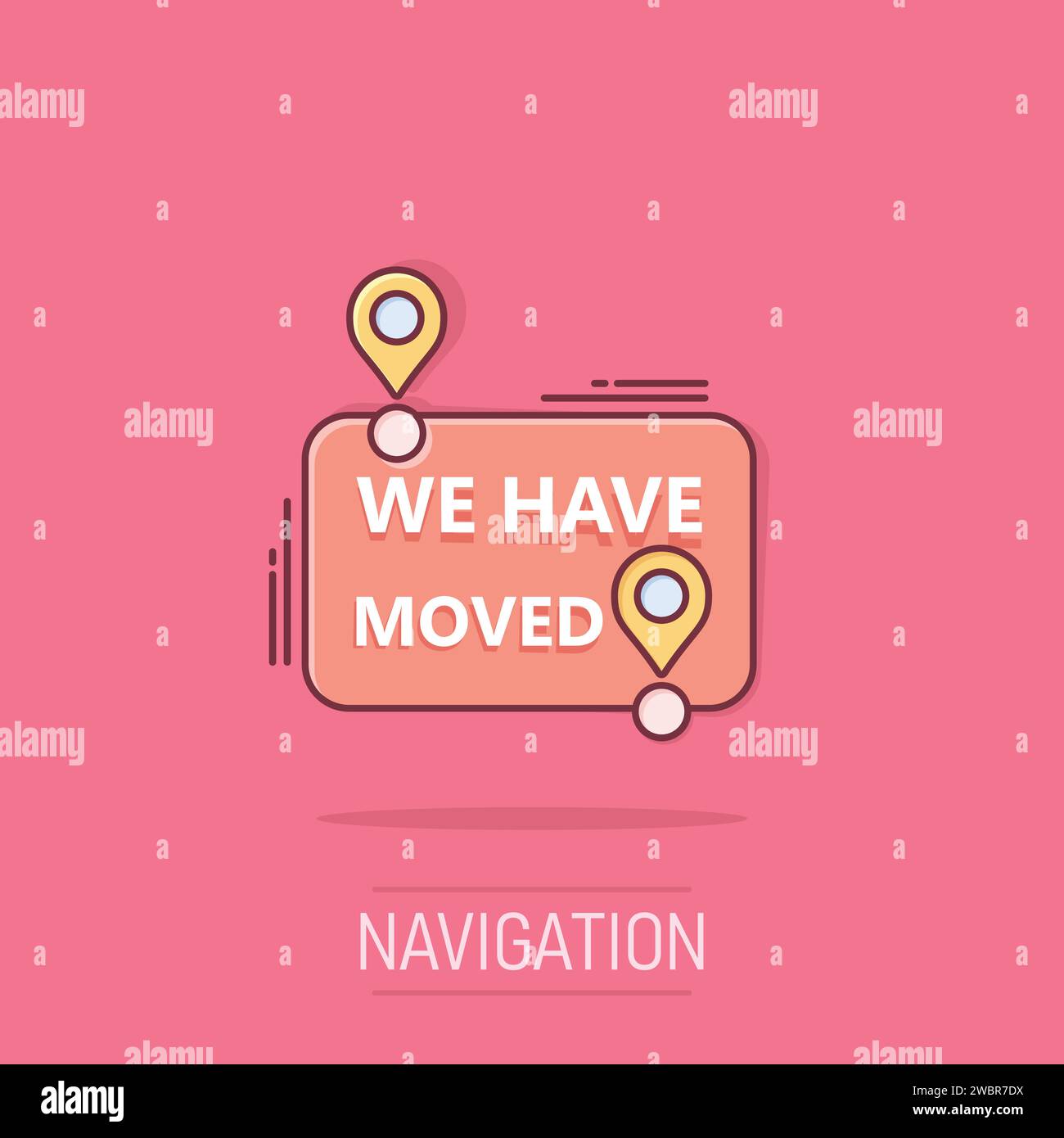 Move location icon in comic style. Pin gps vector cartoon illustration on white isolated background. Navigation business concept splash effect. Stock Vector