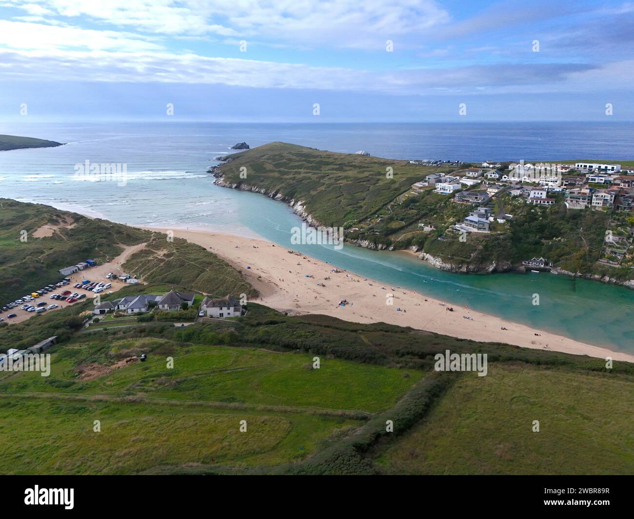 Gannel Estuary beach Cornwall UK drone , aerial , view from air Stock Photo