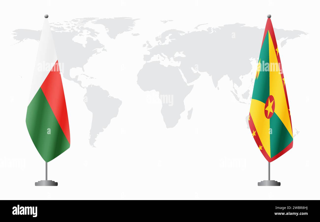 Madagascar and Grenada flags for official meeting against background of world map. Stock Vector