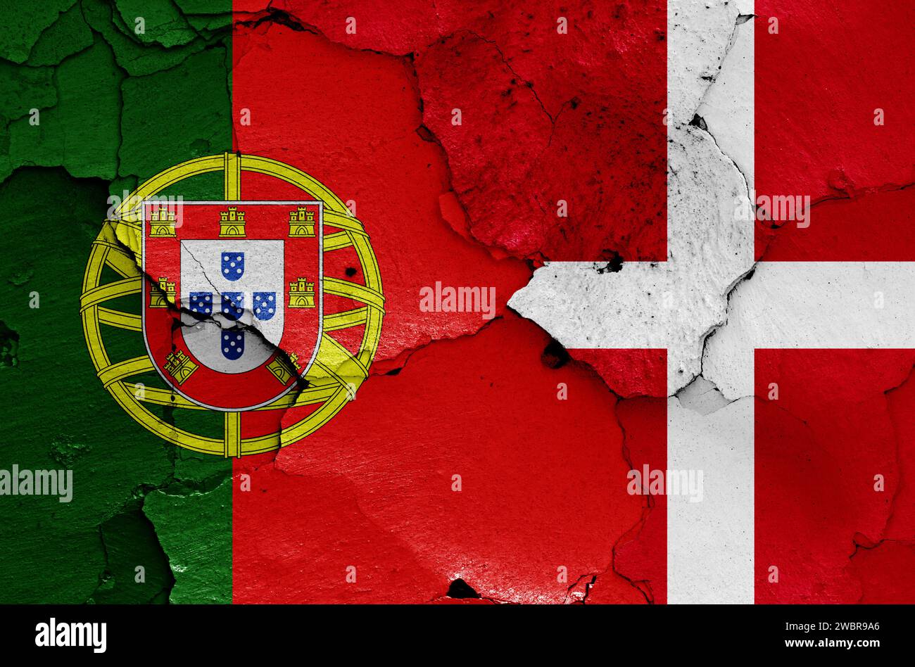 flags of Portugal and Denmark painted on cracked wall Stock Photo - Alamy