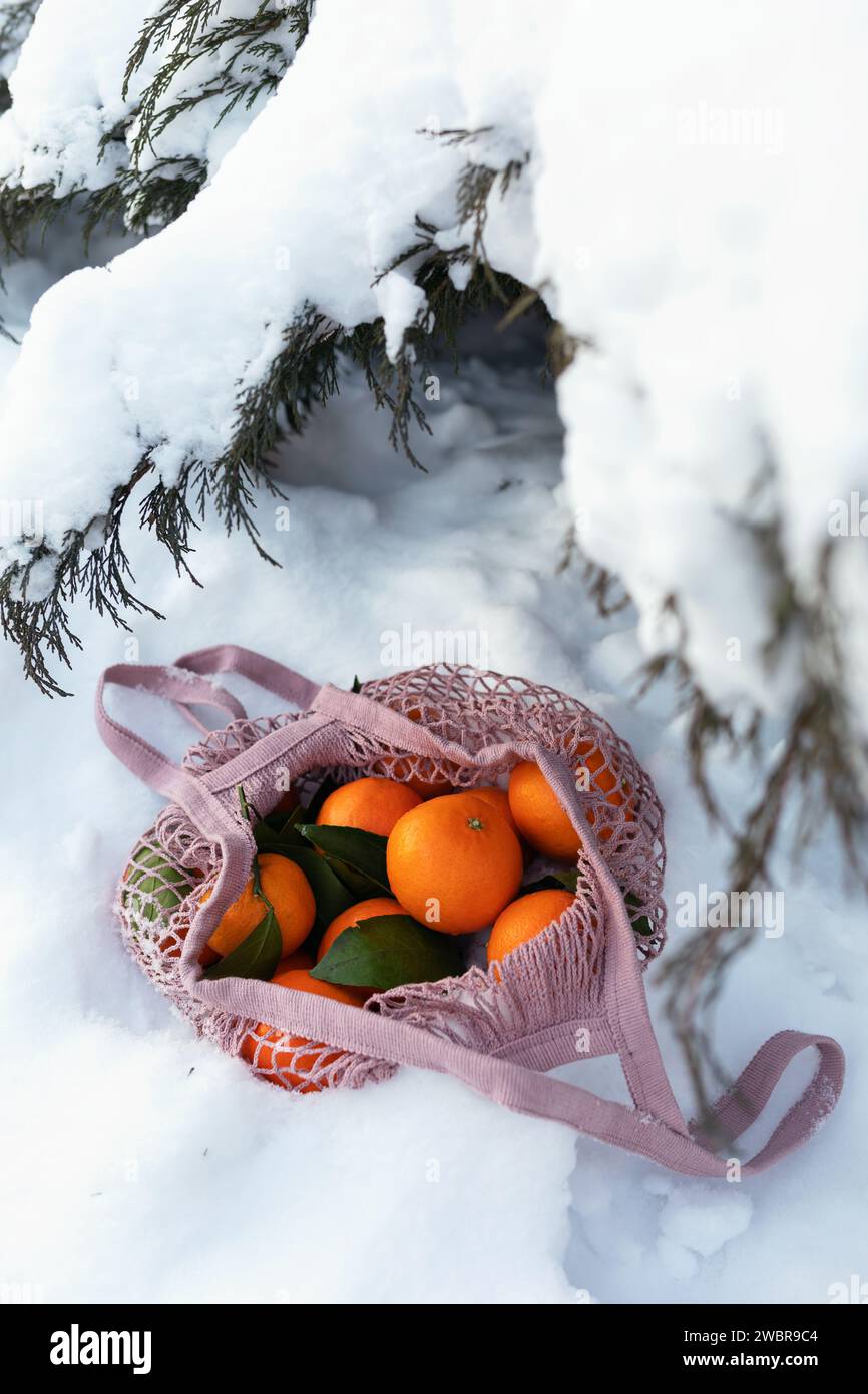 Mesh bag with tangerines in the snow under the Christmas tree Stock Photo