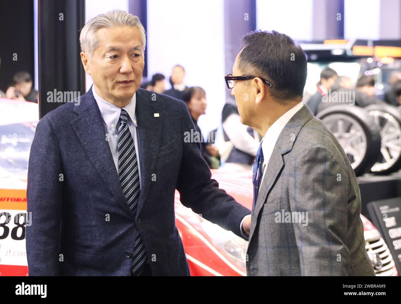 Chiba Japan 12th Jan 2024 Japan S Automobile Giant Toyota Motor   Chiba Japan 12th Jan 2024 Japans Automobile Giant Toyota Motor Chairman Akio Toyoda R Chats With Tire Maker Bridgestone Global Ceo Shuichi Ishibashi L At An Annual Custom Car Show Tokyo Auto Salon 2024 In Chiba Suburban Tokyo On Friday January 12 2024 Some 2000000 People Are Expecting To Visit The 3 Day Auto Show Photo By Yoshio Tsunodaaflo 2WBRAM9 