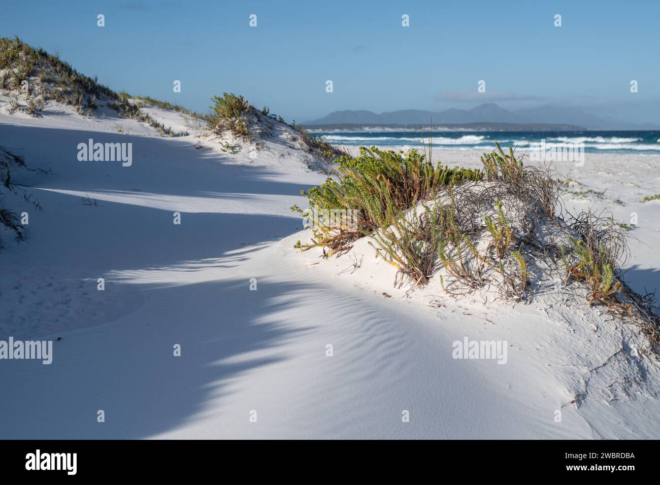 beautiful white sand dunes and blue waves on remote beach Stock Photo