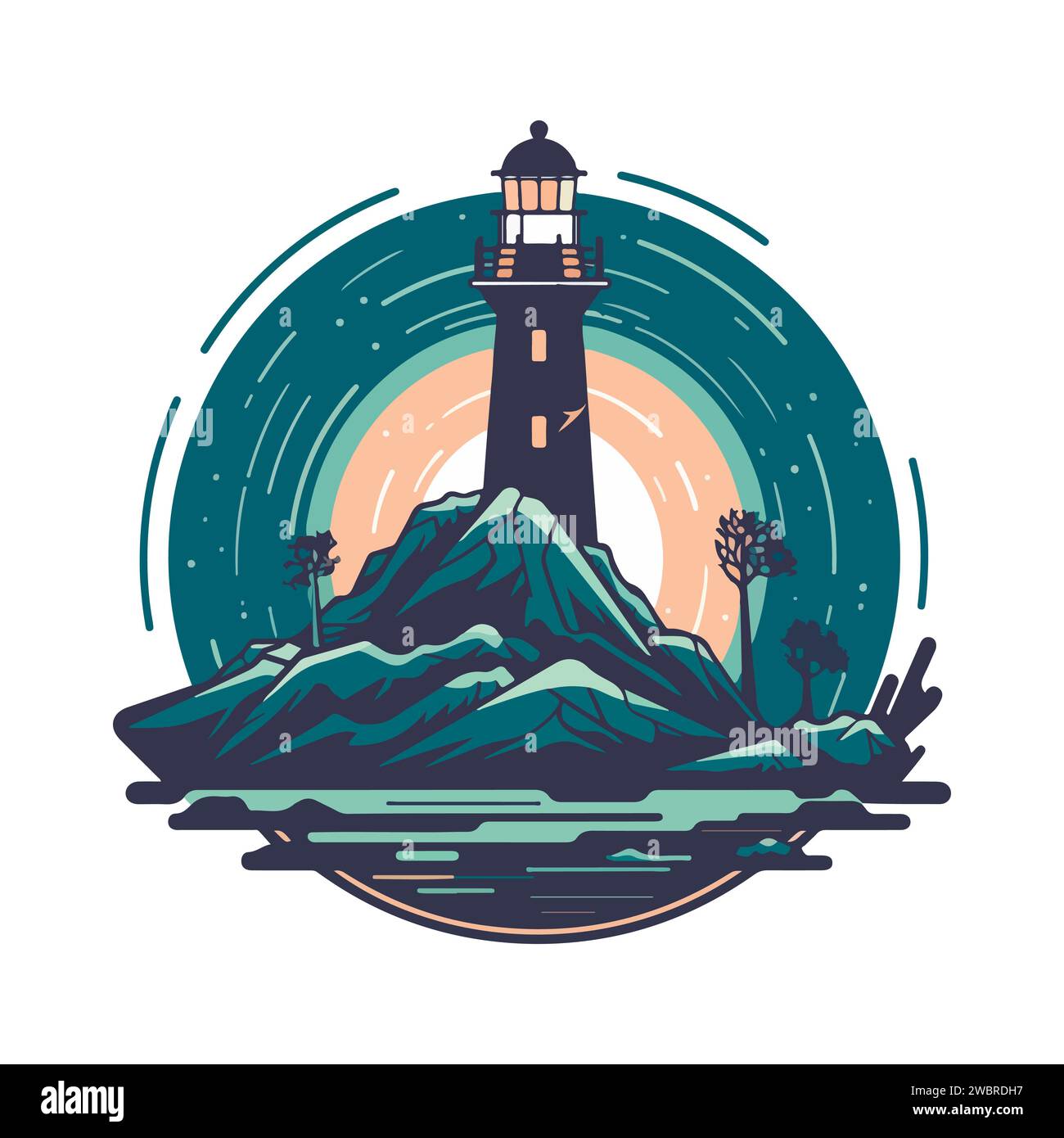 Lighthouse in the ocean on the small rocky island vector logo emblem ...