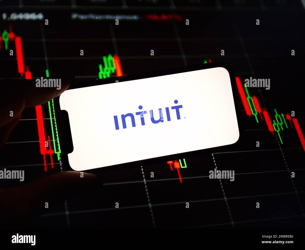 Konskie, Poland - January 04, 2024: Intuit company logo displayed on mobile phone screen Stock Photo