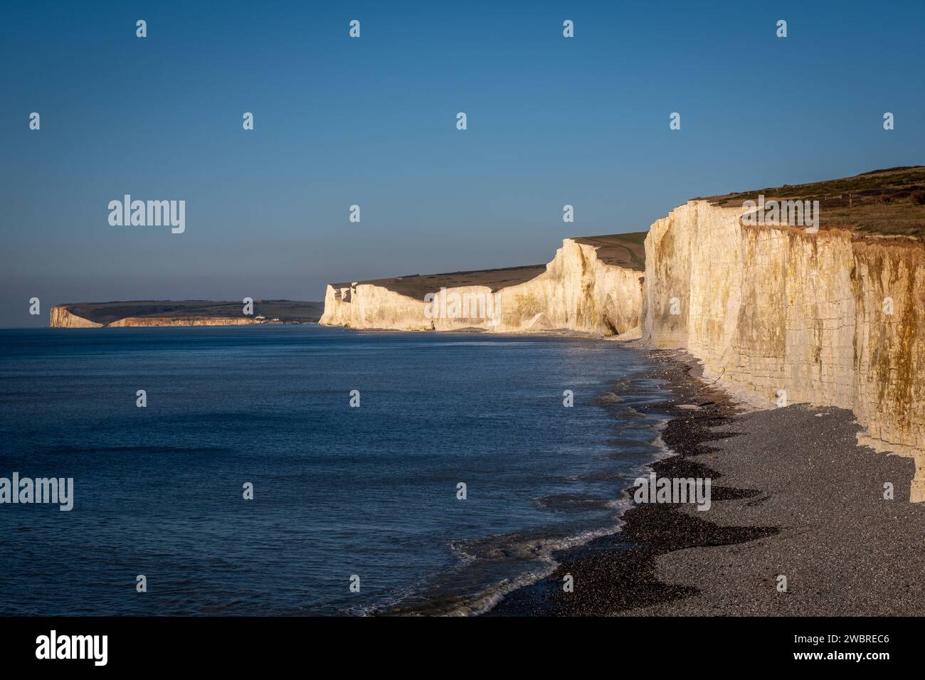 View from Birling Gap towards Cuckmere Haven and Seaford Head showing the Seven Sisters on a winter morning Stock Photo