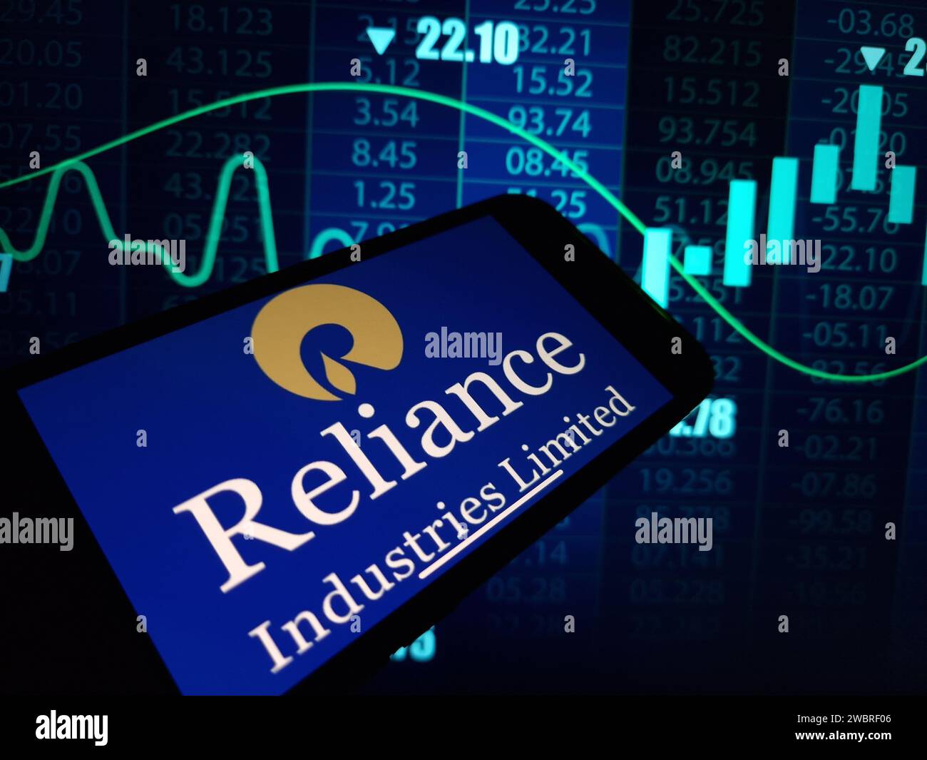 Konskie, Poland - January 03, 2024: Reliance Industries Limited company logo displayed on mobile phone screen Stock Photo