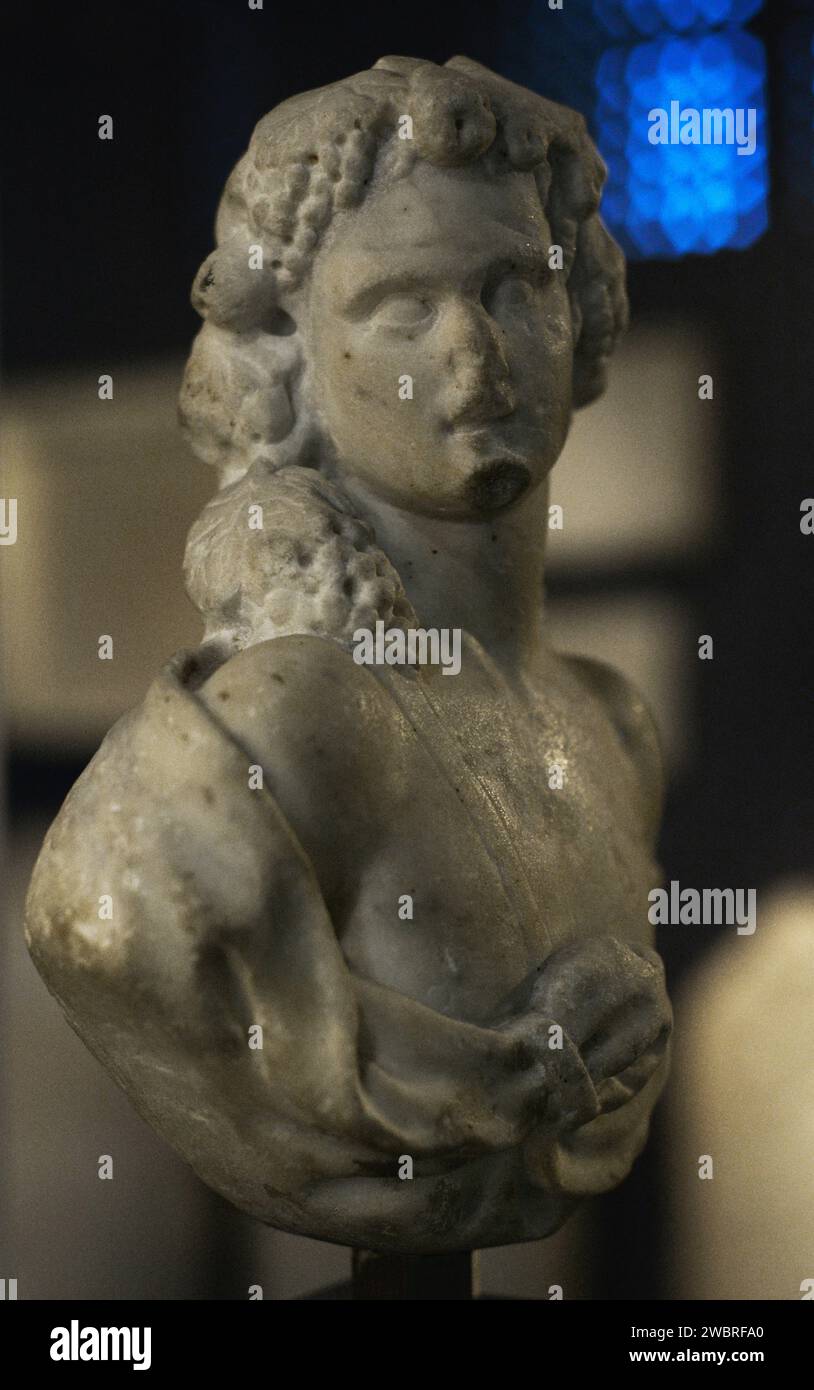 Dionysus (Bacchus). God of wine. Bust of Dionysus. 2nd century AD. Found in the Roman Villa of Milreu. Faro, Portugal. National Archaeology Museum. Lisbon, Portugal. Stock Photo