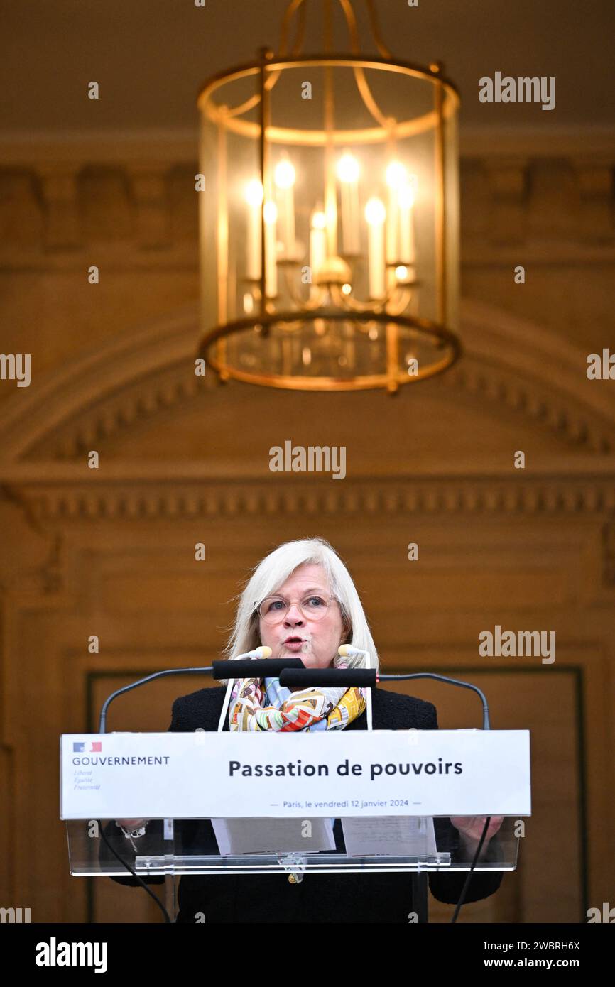 Paris, France. 12th Jan, 2024. Speech by Catherine Vautrin, Minister of