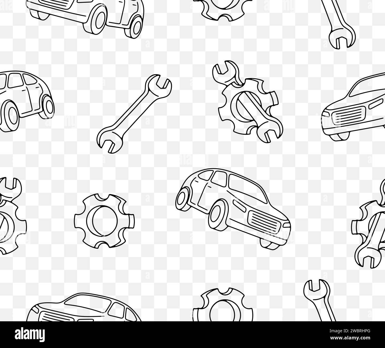 Car, gear and wrench, seamless vector background and pattern. Transport, transportation, cogwheel, gear wheel and spanner, vector design Stock Vector